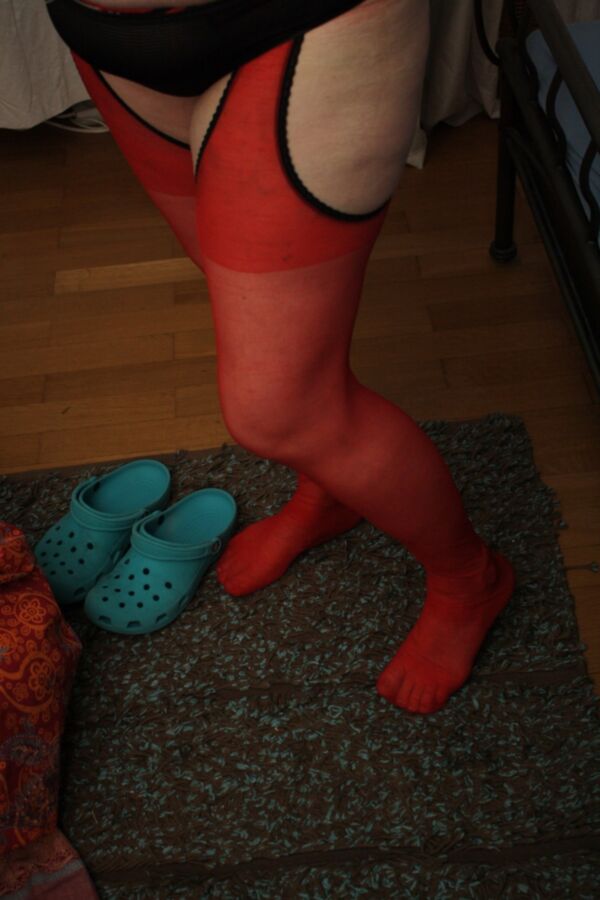 Free porn pics of red pantyhose in Crocs 3 of 32 pics