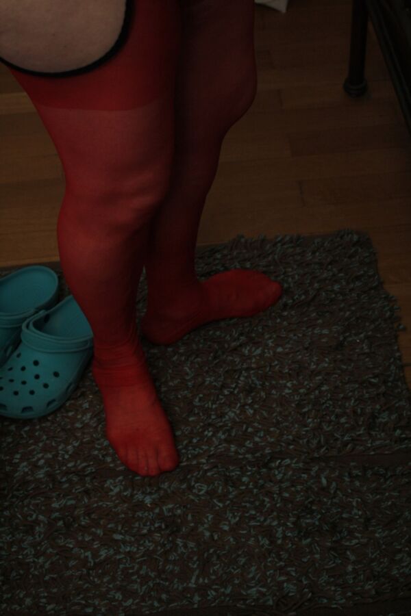 Free porn pics of red pantyhose in Crocs 6 of 32 pics