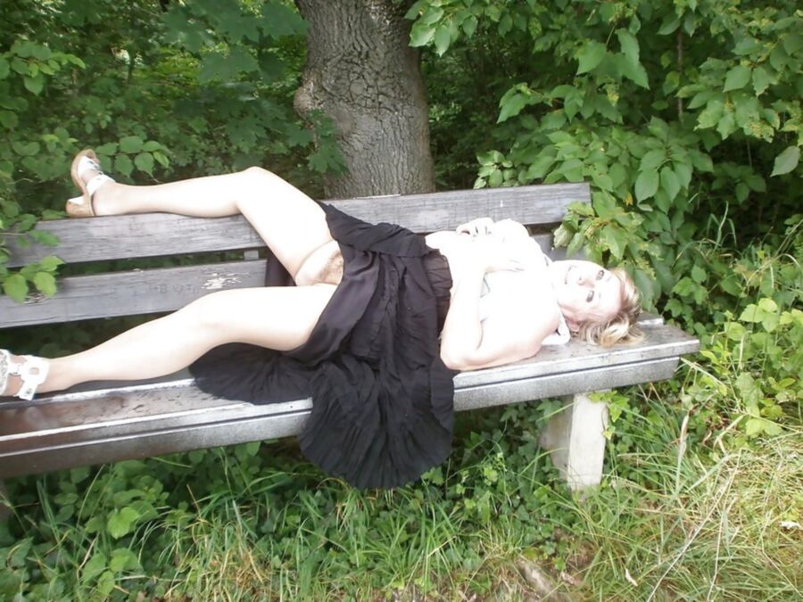 Free porn pics of Hairy blonde granny strips in the park 12 of 15 pics