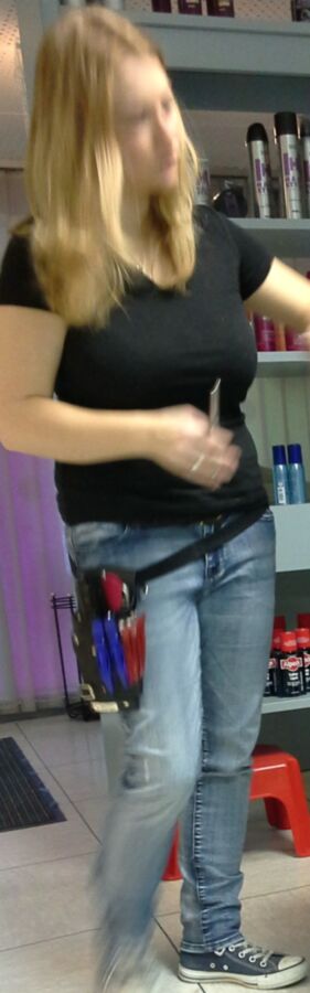Free porn pics of Candids - Hairdresser with nice tits at work 2 of 6 pics