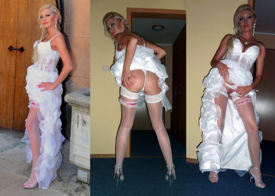 Free porn pics of   Blonde bimbo bride in white stockings dressed / undressed   1 of 1 pics